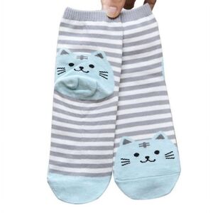 Cute Cat Face Grey & Light Blue Striped Cat Socks